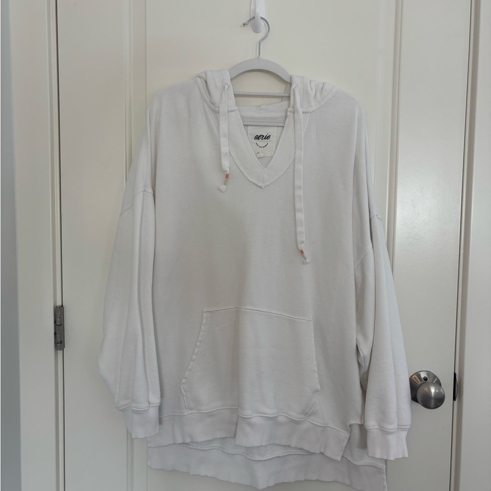 Aerie White V-Neck Hoodie Sweatshirt - Picture 1 of 7